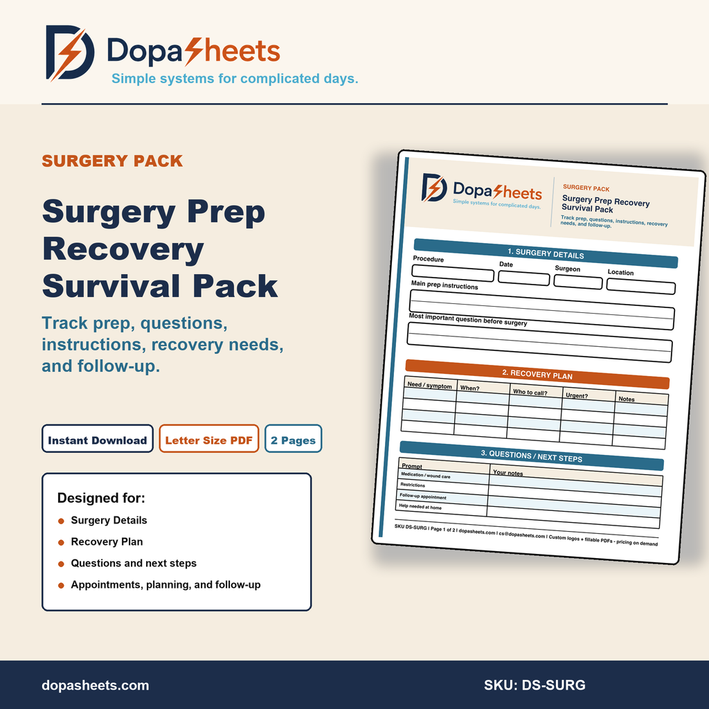 Printable Surgery Prep & Recovery Worksheet — Pre-Op Checklist & Post-Op Planner