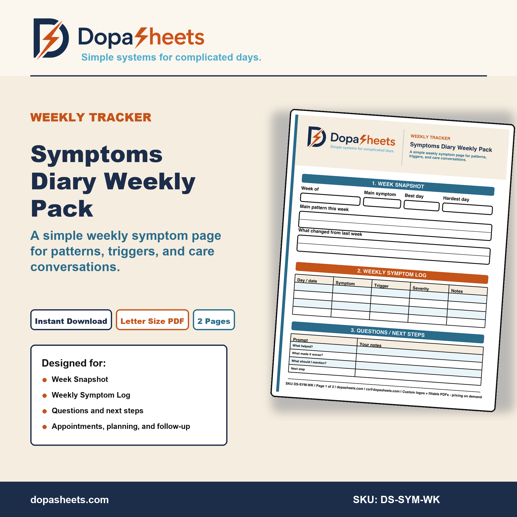 Symptoms Diary Weekly Pack
