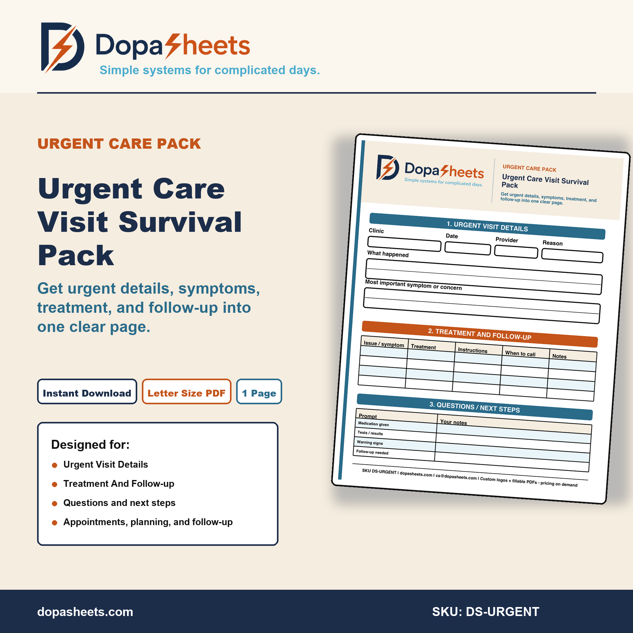 Printable Urgent Care Visit Sheet — Symptoms, Treatment Notes & Discharge Planner