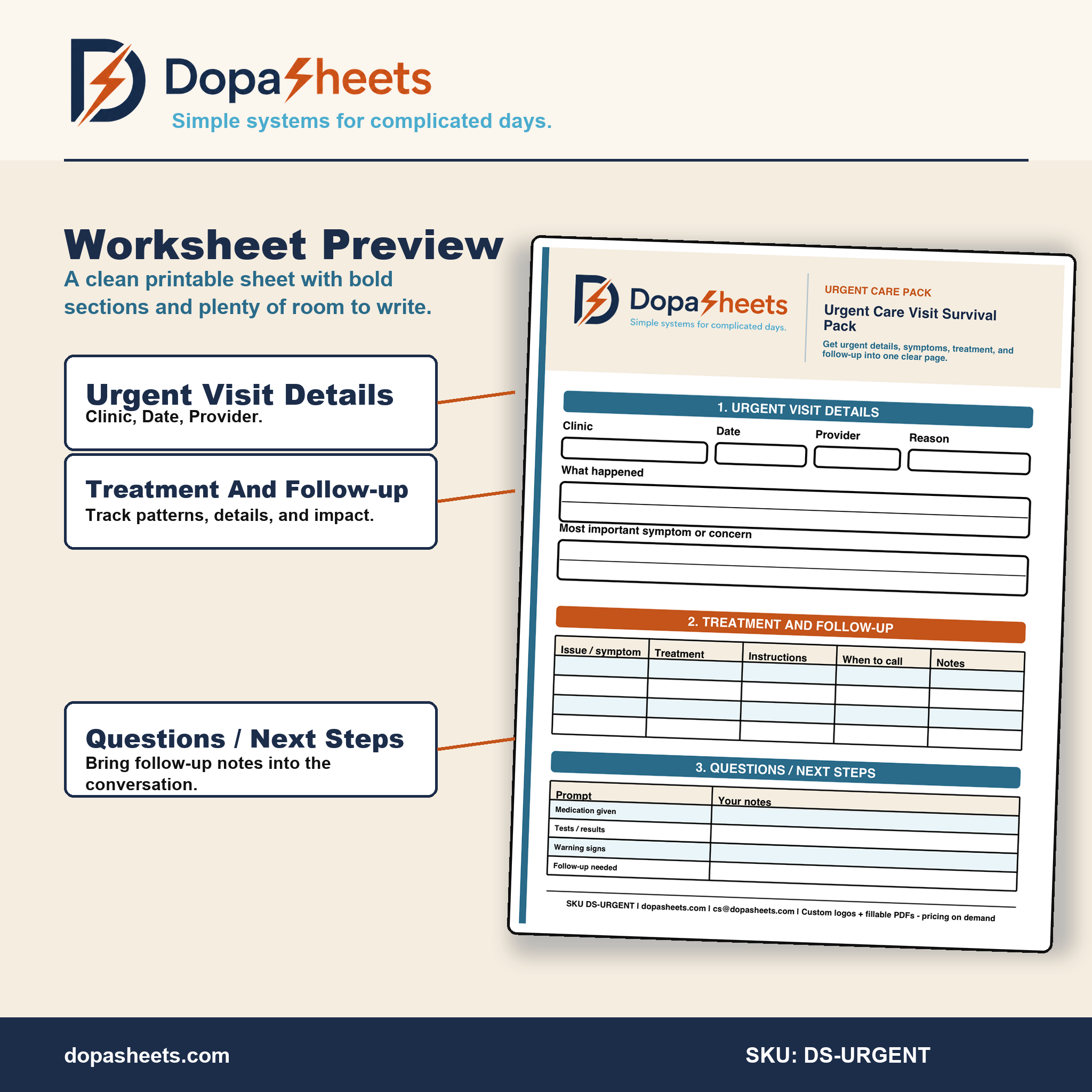 Printable Urgent Care Visit Sheet — Symptoms, Treatment Notes & Discharge Planner